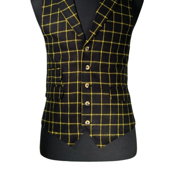 Mens 42R Wool Vest Black Yellow Windowpane Check Plaid Waistcoat Formal Wedding - Picture 5 of 10
